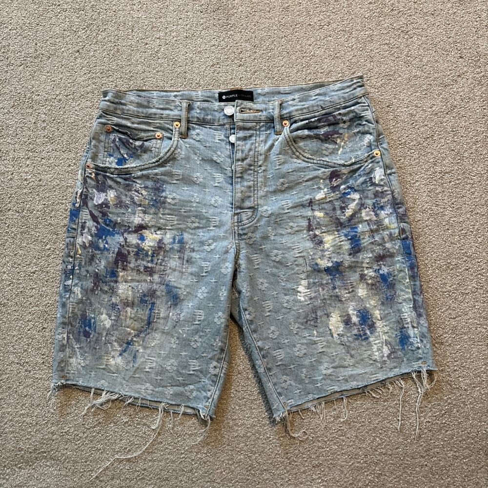 Purple Brand Paint Splatter Jacquard Full Monogram Men's Denim Shorts Sz 34 NWT